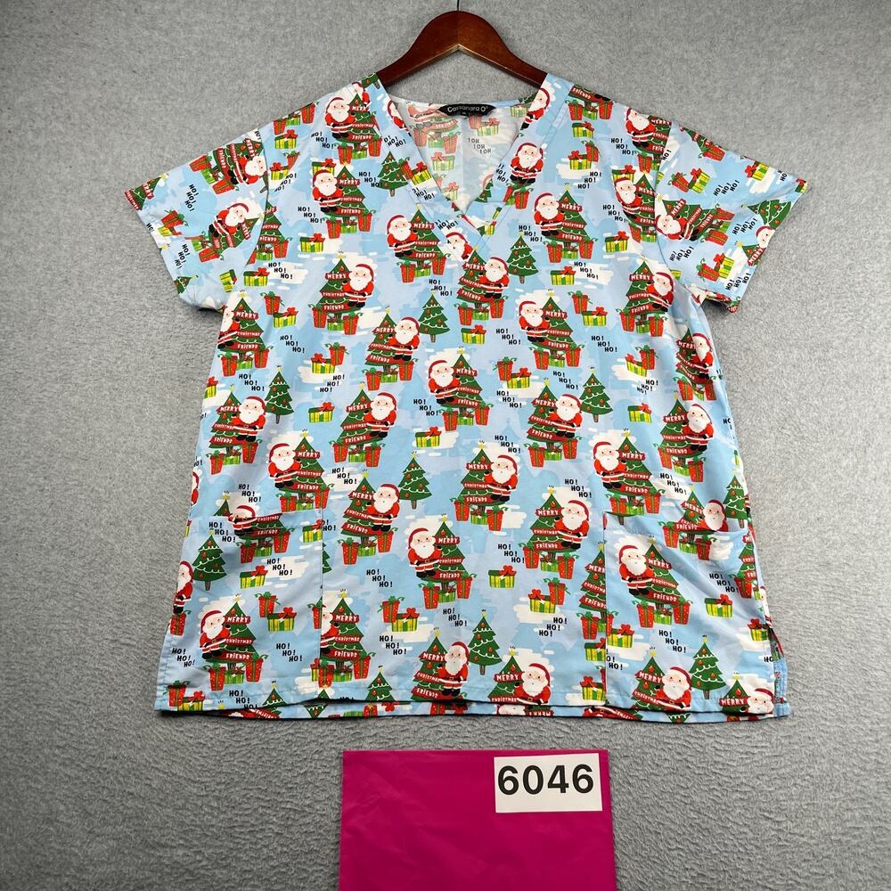 Christmas Print Scrub Top Cassandra O Womens XL Casual Colorful Santa Holiday